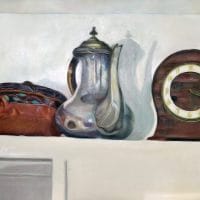 Five Eighteen is a still-life oil painting of a terracotta bowl, a sterling silver water pitcher and an antique German clock on a shelve.