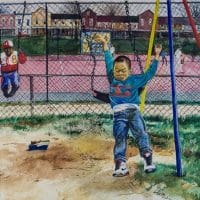 123 jump is the name of a watercolor painting of two young boys playing on swings at Rosedale Playground in North East Washington.