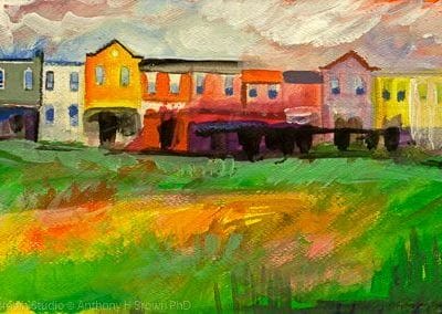 Lively Parkscape is a very colorful watercolor/ tempera landscape painting with bright greens, yellows, reds, and orange colors. The scene is a park in Washington, DC named Rosedale playground.