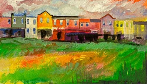 Lively Parkscape is a very colorful watercolor/ tempera landscape painting with bright greens, yellows, reds, and orange colors. The scene is a park in Washington, DC named Rosedale playground.