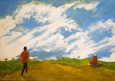 Never Ending Journey is an oil painting of an individual walking into the distant plains. the sky is dramatic and there is a red chair just of to the right.