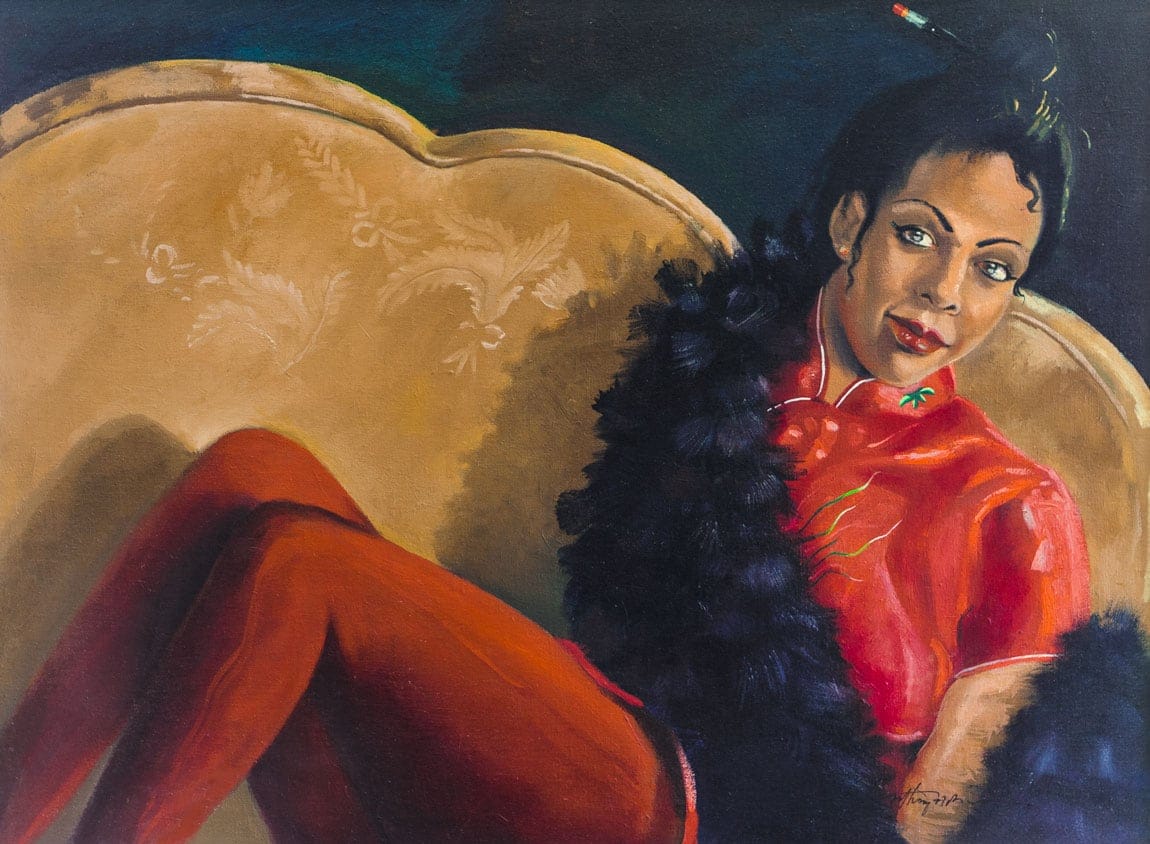 China Doll is a painting of a woman lounging in a golden fabric loveseat.