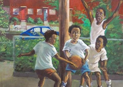 Oil painting of four African American young boys, in Clay Terrace NE, wearing over-sized white t-shirts are on a homemade court playing basketball.