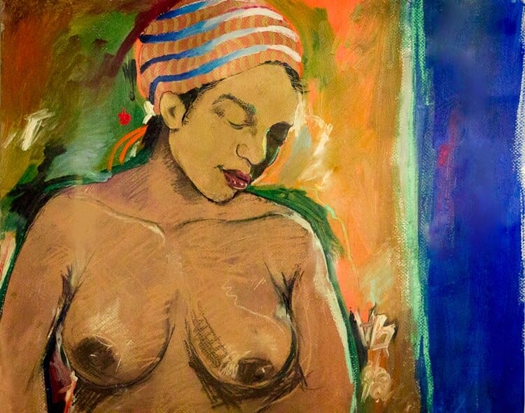 Hidden Expressions id a painting of a topless woman with a gold covering on her face as a facial mask looking down. There is a blue and orange drape behind her.