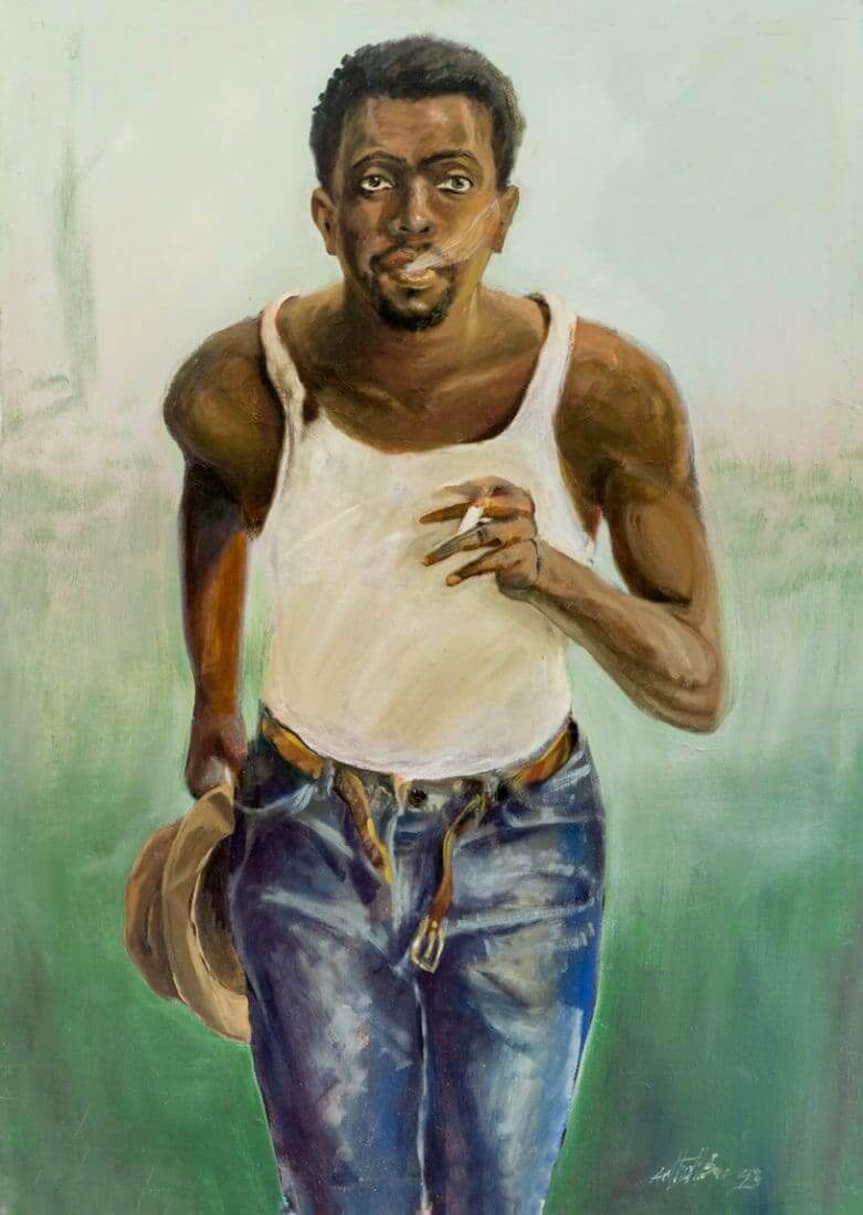 In this painting called What is Up, is an image of a homeless man walks forward toward you, holding a cigarette and wearing a torn tank-top T-shirt.