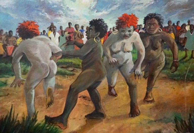 In the painting, called Mother Earth, four older women are shown performing a ritual dance. Two women are wearing orange wigs covered in white paste, symbolizing death, while the other two are wearing black wigs covered in green paste that symbolizes life. This dance is representative of a fictional cultural celebration, with an Afrocentric theme, that holds significance for women's biological cycle and their connection to the earth's seasonal cycles.