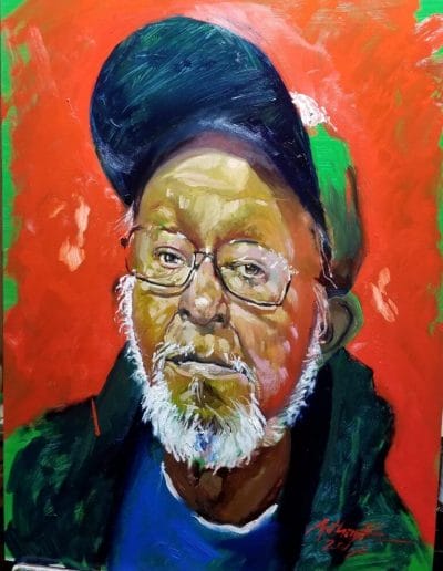 A stylized oil painting of a bearded man wearing a cap, coat, and a blue shirt with a red background on panel, 18 X 24 inches