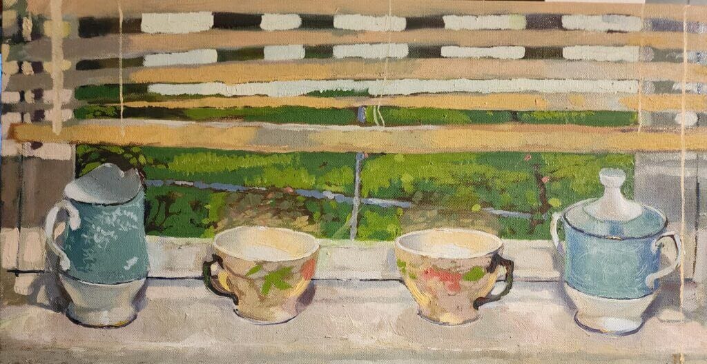 Oil painting of four still-life objects sitting on a window pane and the view from outside of window can be seen.